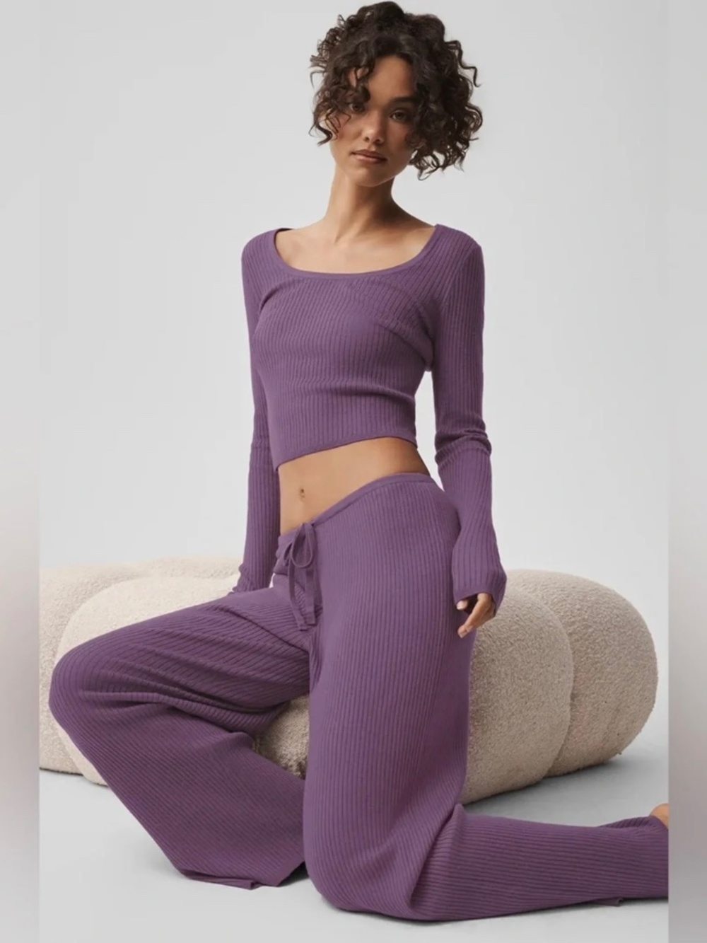 Alo Sweater Knit Mid-Rise Unwind Wide Leg Pant Purple XS
